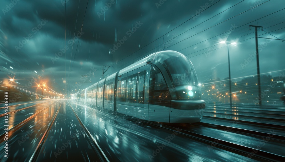 Naklejka premium High-speed train in stormy night, dramatic and thrilling depiction of journey, blending elements of turbulence and engineering marvel.