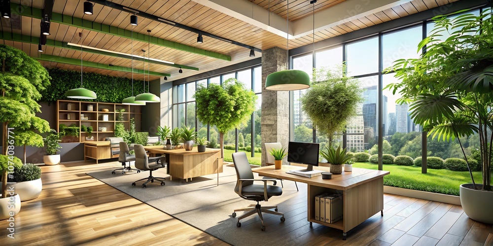 Eco-Friendly Office Design in a Modern Urban Setting Featuring a Tree Element for Sustainable Work Environments and Green Architecture Concepts Eco-Friendly Office Design in a Modern Urban Setting Featuring a Tree Element for Sustainable Work Environments and Green Architecture Concepts