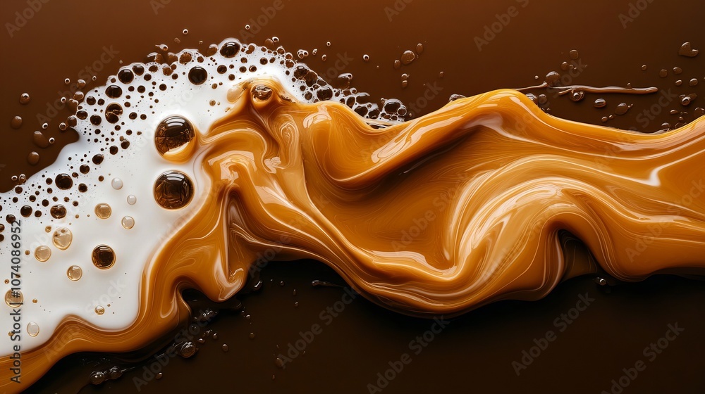 A flowing mix of rich caramel and cream, creating swirling patterns with smooth, creamy textures and bubbles on a dark background A flowing mix of rich caramel and cream, creating swirling patterns with smooth, creamy textures and bubbles on a dark background