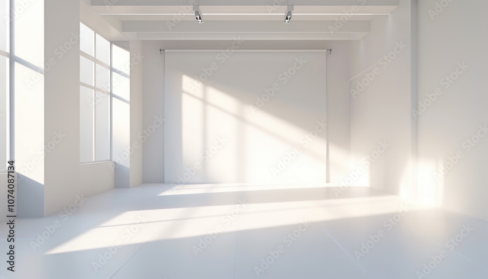 Fototapeta premium Light-filled room with large windows, bright and spacious, designed for inspiration and productivity, offering openness and tranquility.