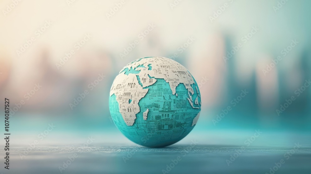 Detailed globe showcasing world continents on a blurred city background. Detailed globe showcasing world continents on a blurred city background.