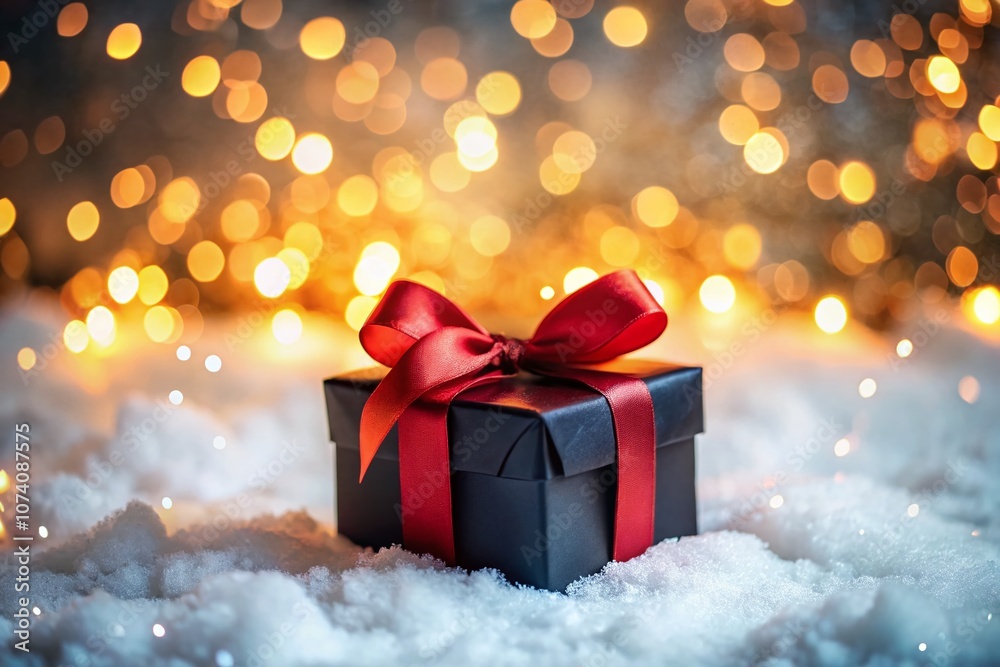 Elegant Black Gift Box with Red Bow Nestled in Snowy Landscape Surrounded by Warm Bokeh Lights for Holiday Season and Gift Giving Imagery Elegant Black Gift Box with Red Bow Nestled in Snowy Landscape Surrounded by Warm Bokeh Lights for Holiday Season and Gift Giving Imagery