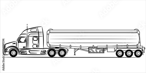 Tanker Truck sketch. Fuel tanker truck abstract silhouette on white background.  A hand drawn line art of a American truck on motorway. Vector illustration view from side.