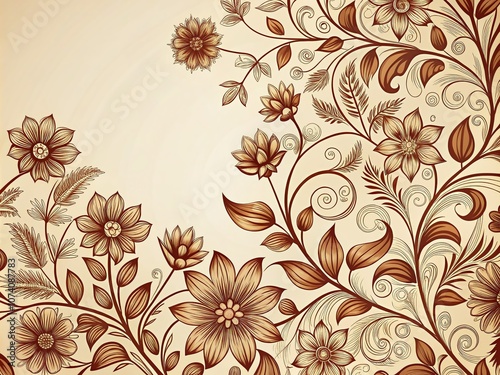 Elegant Brown Floral Pattern on Cream Background for Festive Home Decor and Fabric Prints - Ideal for Seasonal Celebrations and Stylish Textile Design