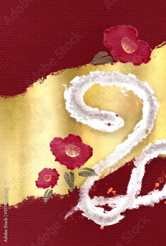 えんじ色と金箔の背景と蛇と椿のイラストの巳年年賀状イラスト