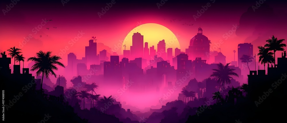 Fototapeta premium A stunning digital artwork depicting a vibrant sunset over a city skyline, with silhouetted palm trees and atmospheric purple-pink hues creating a serene ambiance.
