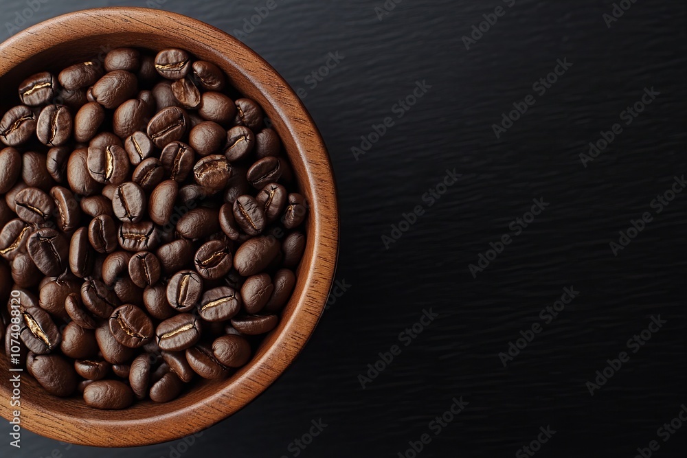 Fototapeta premium A wooden bowl filled with roasted coffee beans on a dark wooden surface, emphasizing the rich textures and warm, earthy tones of the beans in a minimalistic composition