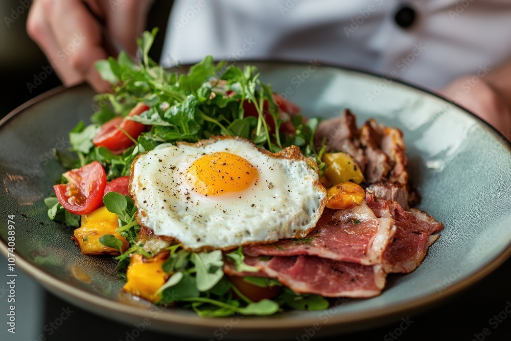 A chef decorates a gourmet breakfast with a fresh salad highlighting the vivid colors and textures of eggs meat and vegetables A chef decorates a gourmet breakfast with a fresh salad highlighting the vivid colors and textures of eggs meat and vegetables