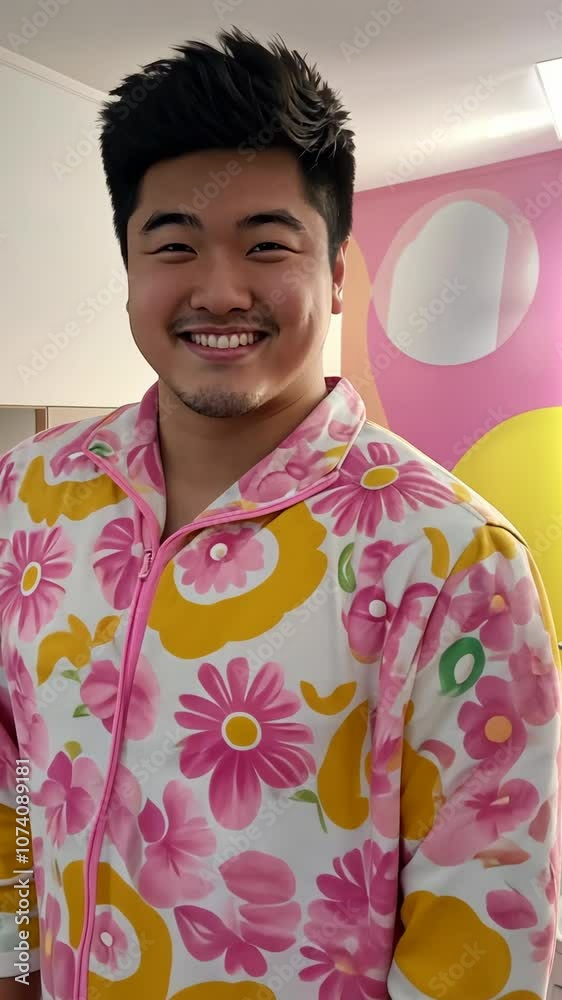 A man wearing a pink and yellow floral shirt smiles in front of a pink wall with large circular cutouts A man wearing a pink and yellow floral shirt smiles in front of a pink wall with large circular cutouts