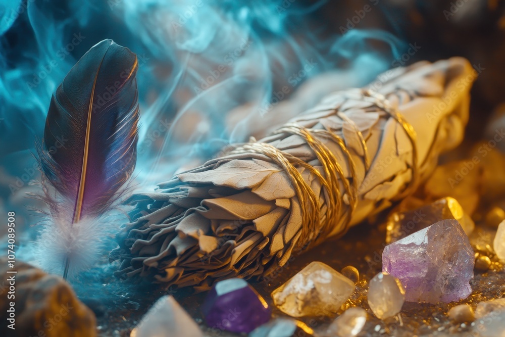 Obraz premium A detailed view of a burning sage stick healing stones and a holy feather