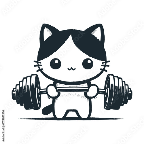 Cat lifting barbell. Black white vector illustration.