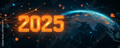 Glowing 2025 in a digital world with connected dots. Cyberpunk-inspired design with cinematic lighting and metallic elements.