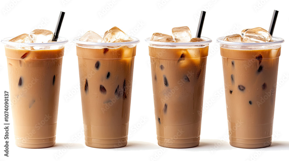 Iced Coffee Drinks With Ice Cubes in Clear Cups on a White Background Generative AI Iced Coffee Drinks With Ice Cubes in Clear Cups on a White Background Generative AI