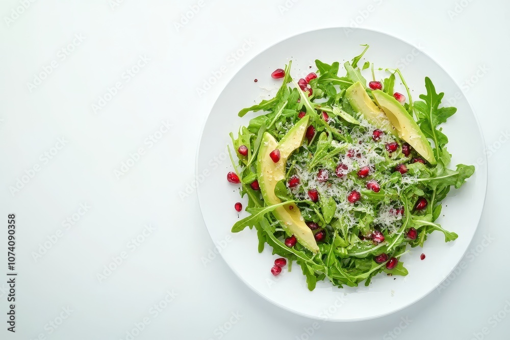 A top down horizontal view of a white plate featuring arugula avocado pomegranate seeds and parmesan on a white background A top down horizontal view of a white plate featuring arugula avocado pomegranate seeds and parmesan on a white background