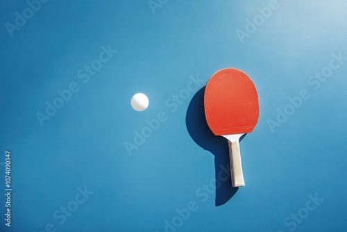 A vivid red ping pong paddle and white ball set on a striking blue backdrop highlighting the sport s colors and simplicity