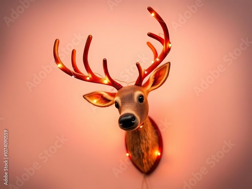 a deer head mounted on a wall with a light photo