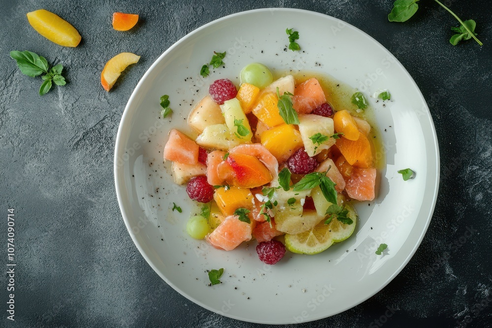 Aerial shot of a colorful fruit salad on a plate against a gray backdrop Aerial shot of a colorful fruit salad on a plate against a gray backdrop