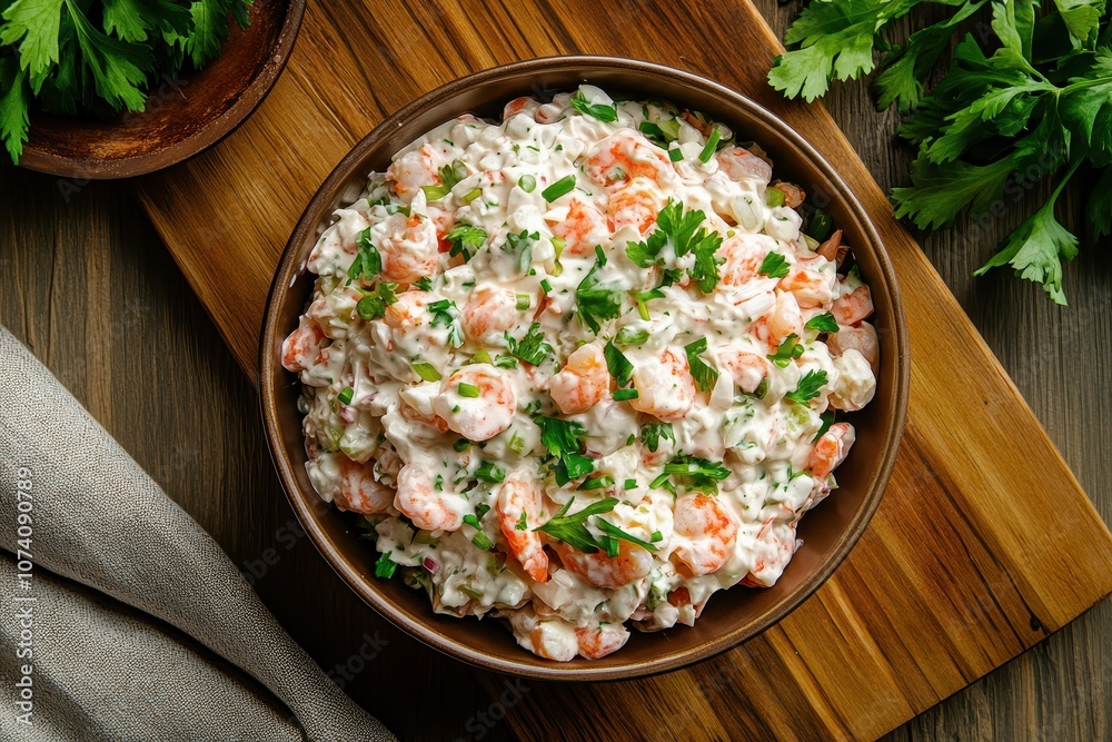 Aerial shot of delicious shrimp salad takeout in a bowl on a wooden board Aerial shot of delicious shrimp salad takeout in a bowl on a wooden board