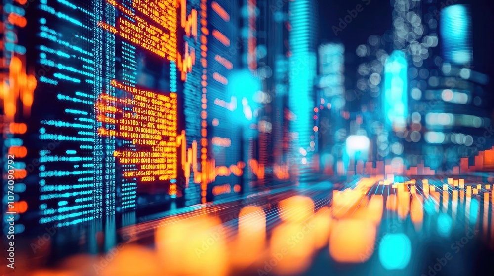 Obraz premium Data visualization with glowing graphs and city lights in a digital landscape.