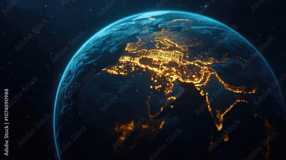 Fototapeta premium View of Earth from space, illuminated cities at night, black background.