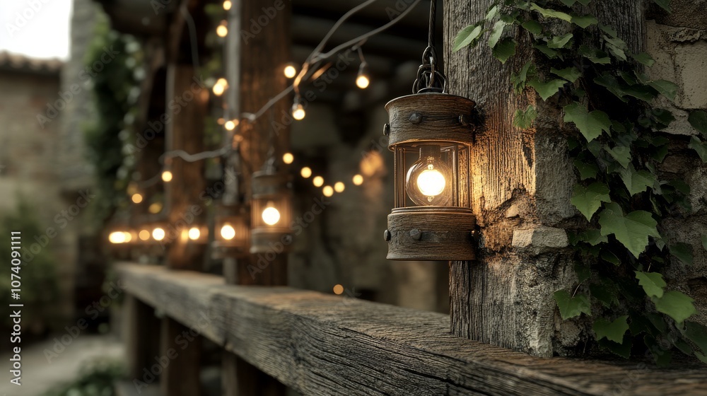 Naklejka premium Chandeliers with warm bulbs hang from latticed wooden beams, casting light on green vines wrapped around poles. The dark wood and foliage create a cozy, rustic ambiance. 