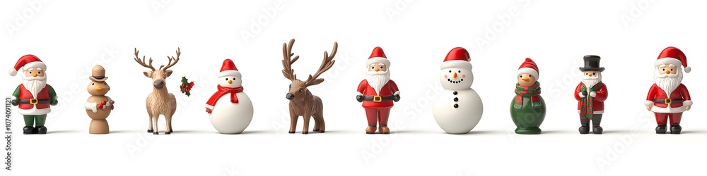 Assortment of small Christmas figurines including reindeer, snowmen, and Santas, positioned side by side on a seamless white background. Vector art, no shadows, 4k resolution, white background Assortment of small Christmas figurines including reindeer, snowmen, and Santas, positioned side by side on a seamless white background. Vector art, no shadows, 4k resolution, white background