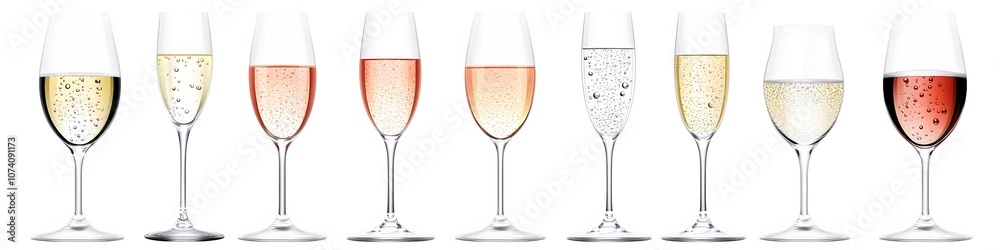 Collection of elegant champagne glasses with bubbles and decorative stirrers, positioned side by side on a white background. Vector art, no shadows, 4k resolution, white background