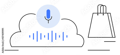 Cloud with microphone and audio waveforms representing voice commands. Shopping bag symbolizes e-commerce. Ideal for tech, communication, retail, innovation, e-commerce, AI, and automation themes