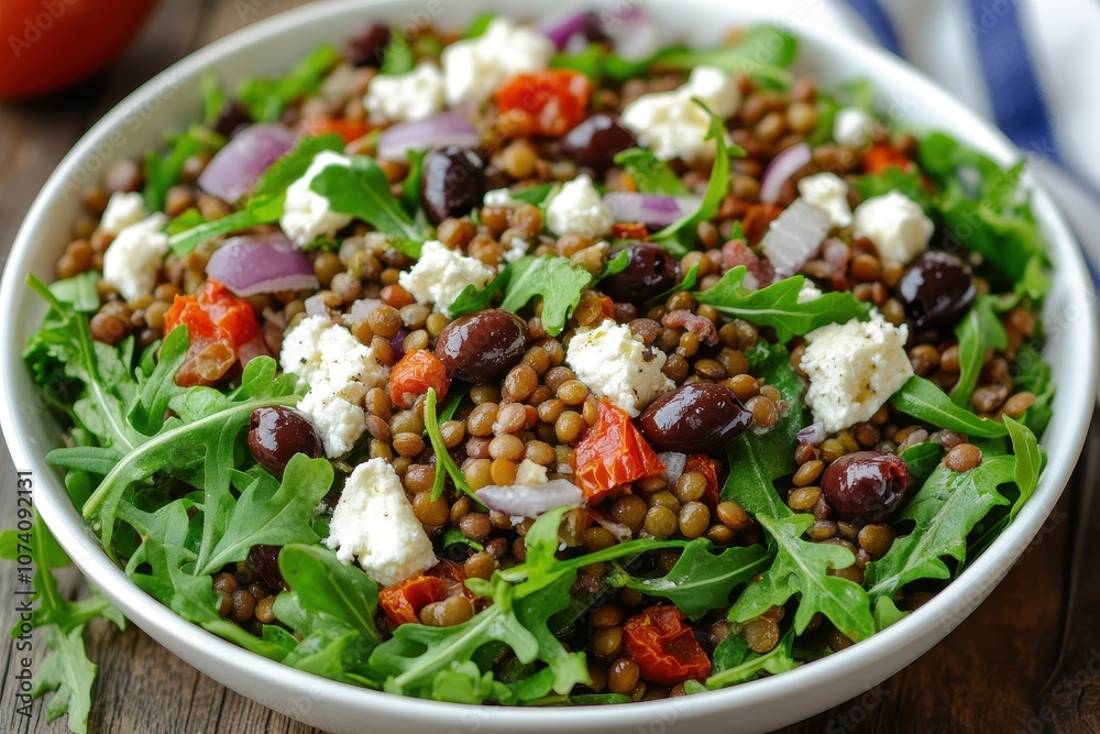 Arugula salad with lentils goat cheese olives onion and sun dried tomatoes Nutritious meal Arugula salad with lentils goat cheese olives onion and sun dried tomatoes Nutritious meal