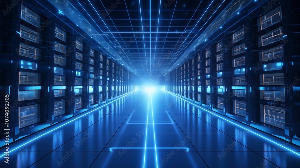 A large data center with rows of glowing servers, illustrating the scale of cloud storage and big data.generative ai illustration A large data center with rows of glowing servers, illustrating the scale of cloud storage and big data.generative ai illustration