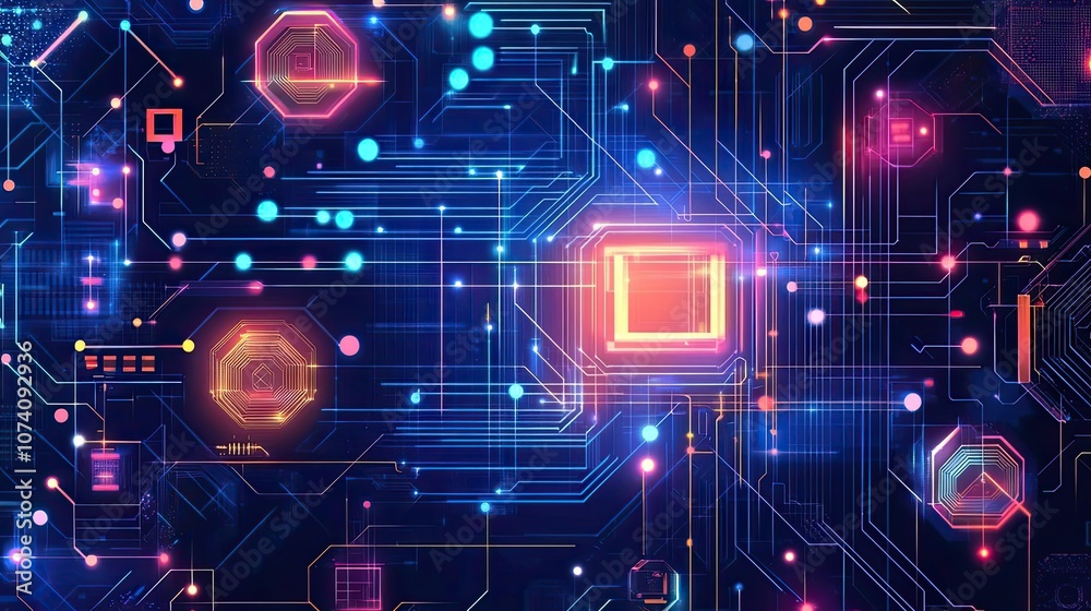 Abstract digital circuit board with glowing lines and shapes Abstract digital circuit board with glowing lines and shapes
