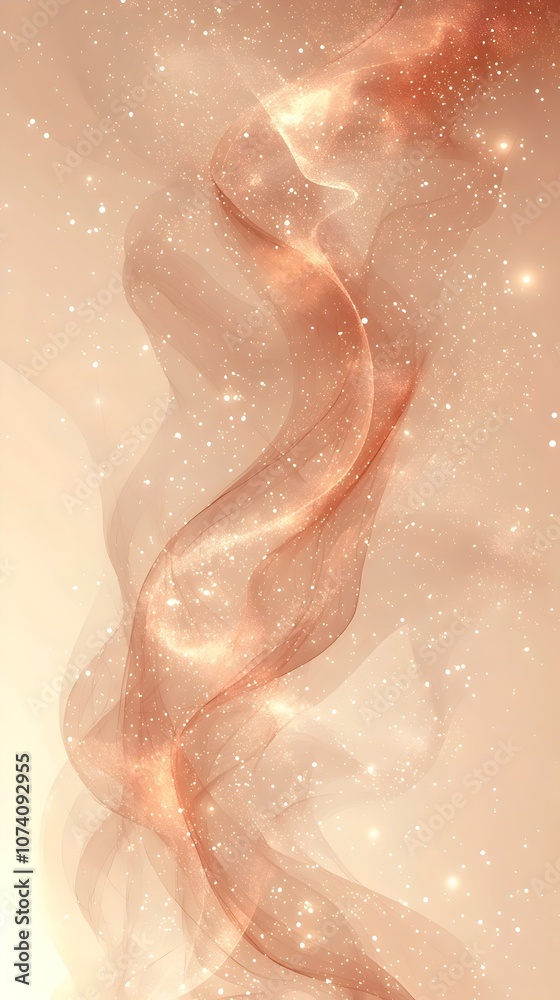 Fototapeta premium Abstract composition featuring flowing ribbons of light in warm copper tones, adorned with shimmering sparkles against a soft, ethereal background.