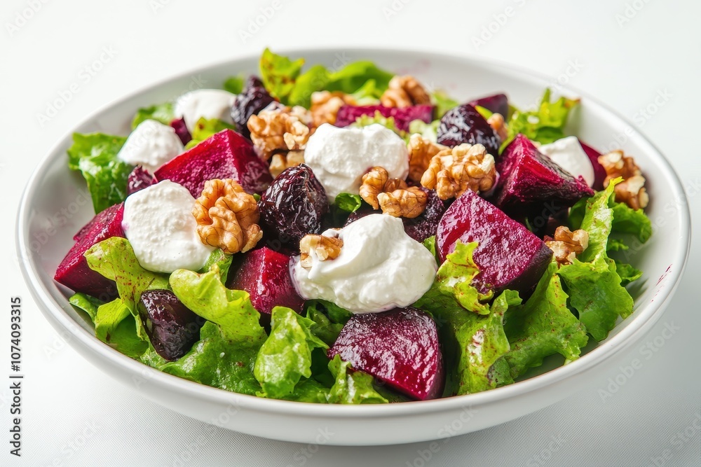 Boiled beet salad with prunes walnuts and sour cream on a white background Boiled beet salad with prunes walnuts and sour cream on a white background