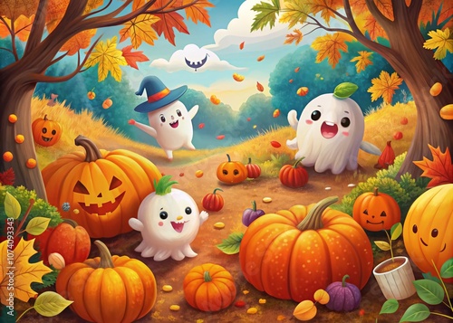 Enchanting Halloween Scene with Friendly Ghosts Playing Hide-and-Seek Among Colorful Autumn Leaves and Pumpkins for a Children's Book Page Illustration