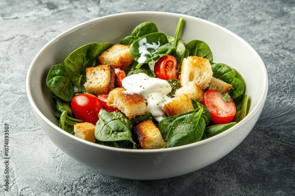 Bowl of fresh spinach cherry tomatoes croutons and sour cream on a grey stone Bowl of fresh spinach cherry tomatoes croutons and sour cream on a grey stone