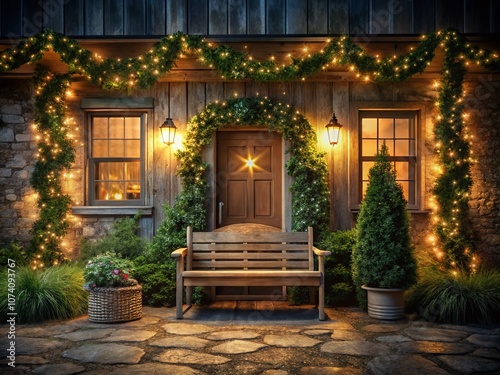 Enchanting Night Photography of a Rustic Farmhouse Entryway Featuring a Sturdy Wooden Bench Surrounded by Soft Ambient Lighting and Lush Greenery