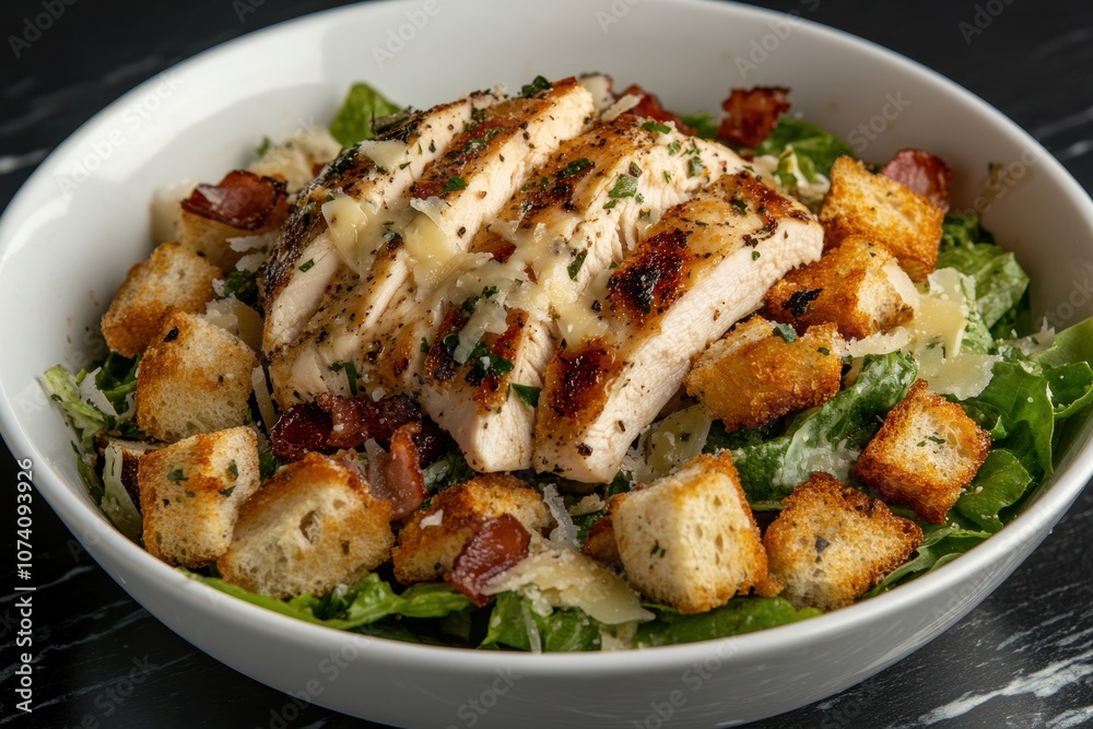 Fototapeta premium Caesar salad bowl with romaine Parmesan bacon chicken and croutons