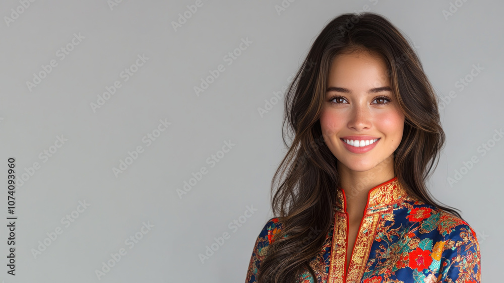 Canadian woman in traditional batik cloth isolated on gray copy space Canadian woman in traditional batik cloth isolated on gray copy space