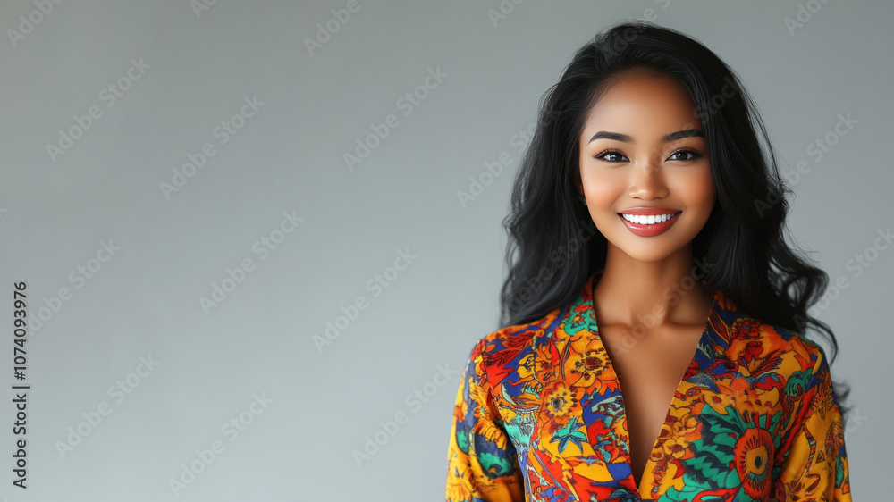 African woman in traditional batik cloth isolated on gray copy space African woman in traditional batik cloth isolated on gray copy space