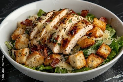 Caesar salad bowl with romaine Parmesan bacon chicken and croutons