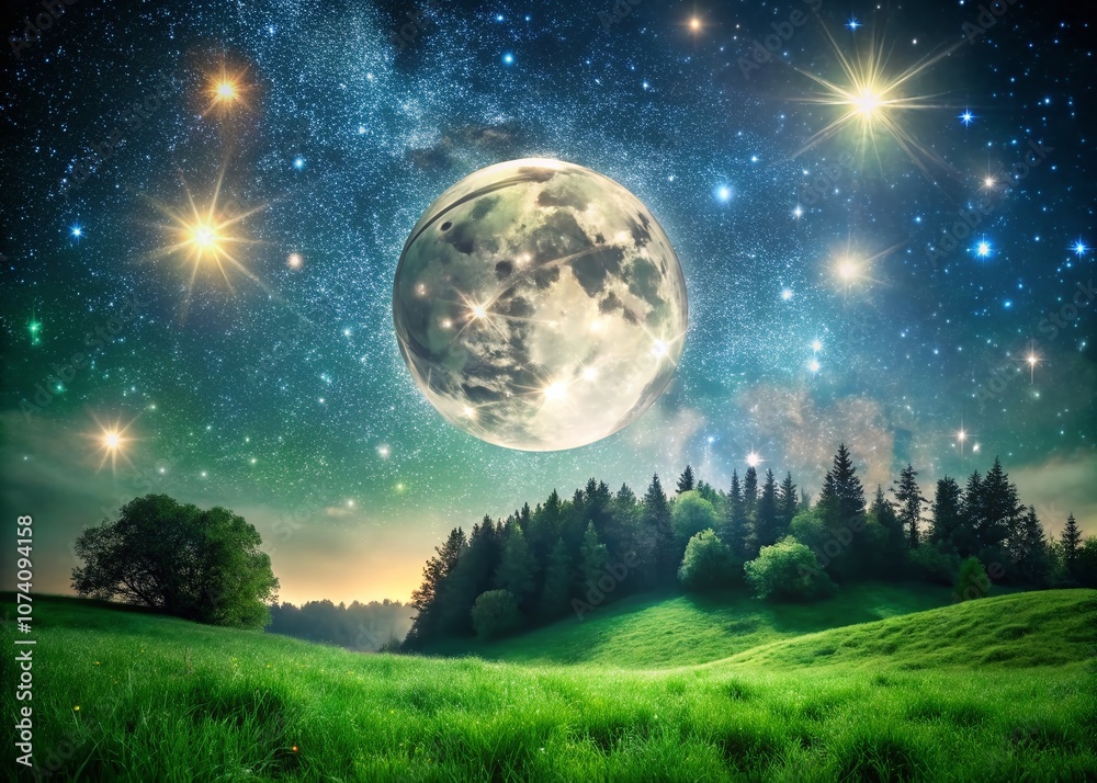Naklejka premium Enchanting Night Sky: Moon and Stars Dazzling Against a Lush Green Background in Vibrant Night Photography Style, Capturing the Magic of the Universe in an AI-Generated Image