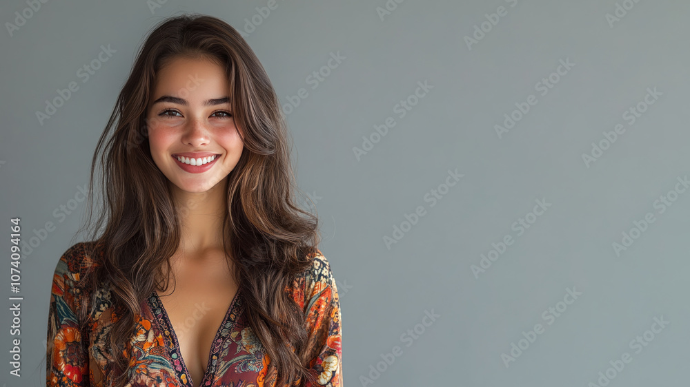 German woman in traditional batik cloth isolated on gray copy space German woman in traditional batik cloth isolated on gray copy space