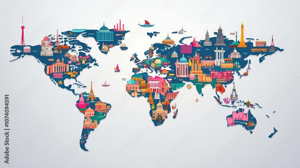 Fototapeta premium Colorful world map with iconic landmarks and city illustrations.
