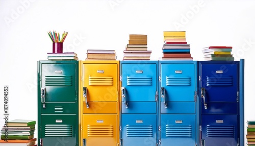 Isolated school lockers filled with books and colorful pencils