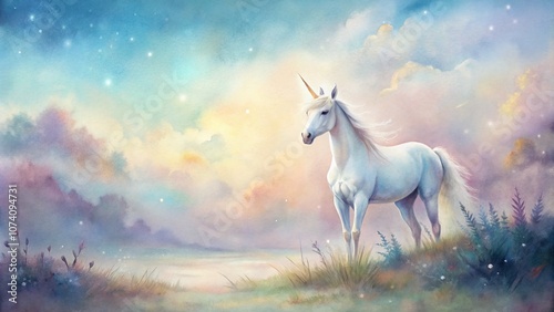 Enchanting Watercolor Unicorn in a Dreamy Minimalist Setting with Soft Pastels and Ethereal Light for a Whimsical Atmosphere