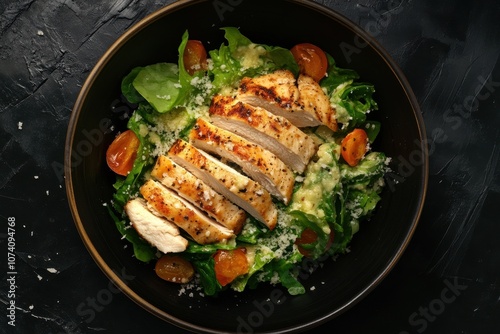 Chicken Caesar Salad with parmesan viewed from above