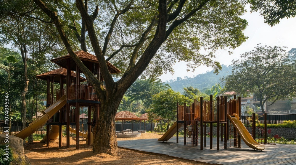 Wooden Playground Structure in a Lush Green Park Wooden Playground Structure in a Lush Green Park