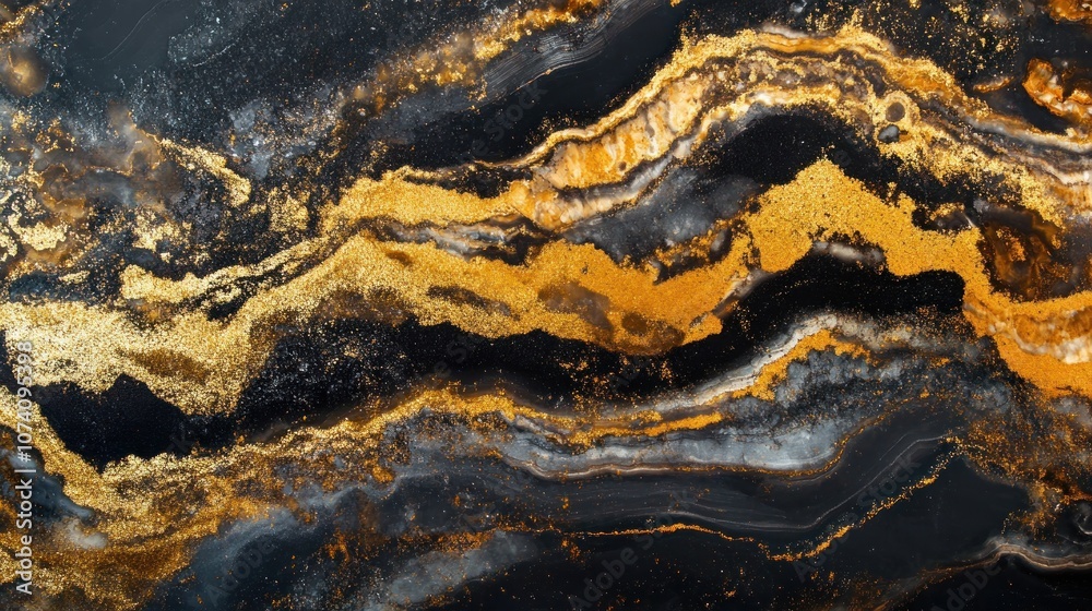 Abstract black and gold liquid art background with flowing lines and glitter.