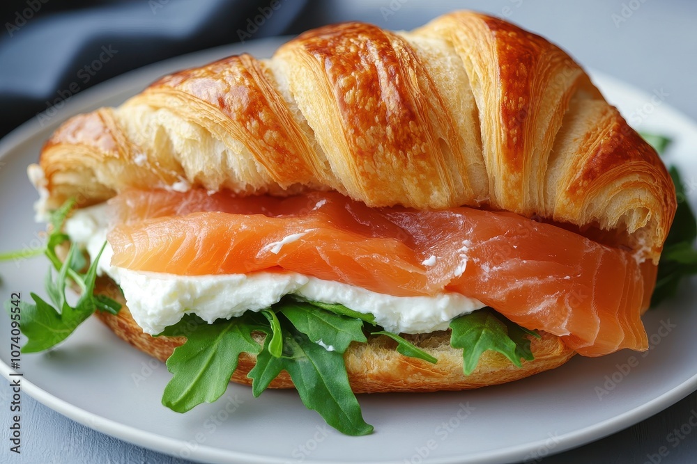 Close up of a croissant filled with cream cheese salmon and arugula on a white plate against a gray backdrop Healthy breakfast idea Close up of a croissant filled with cream cheese salmon and arugula on a white plate against a gray backdrop Healthy breakfast idea