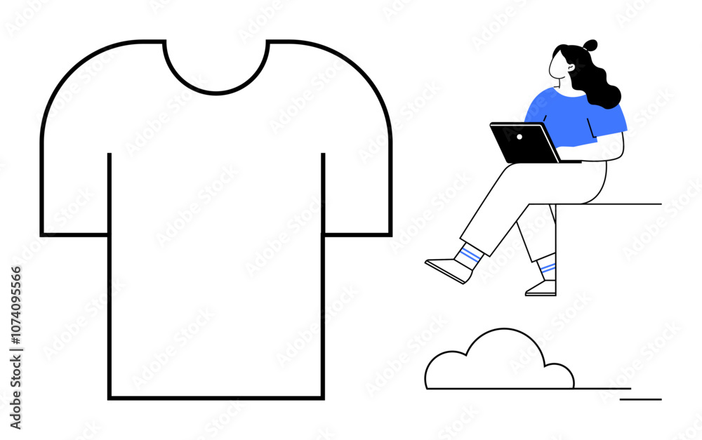 Woman working on laptop while sitting on the edge of a cloud, near a large outline of a T-shirt. Ideal for fashion, technology, remote work, cloud computing, minimalism, digital design, and modern Woman working on laptop while sitting on the edge of a cloud, near a large outline of a T-shirt. Ideal for fashion, technology, remote work, cloud computing, minimalism, digital design, and modern